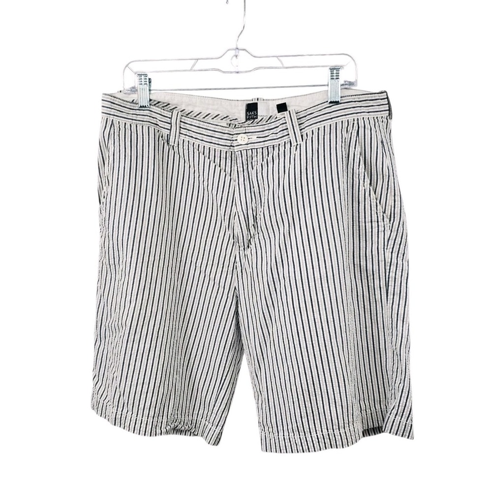 Saks Fifth Ave White Blue Striped Cotton Seersucker Shorts Size 36
